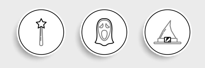 Set line Witch hat, Magic wand and Funny scary ghost mask for Halloween icon. Vector