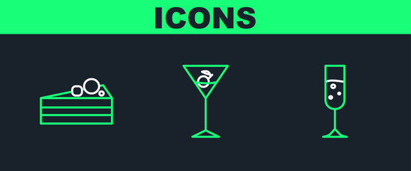 Set line Glass of champagne, Cake and Martini glass icon. Vector