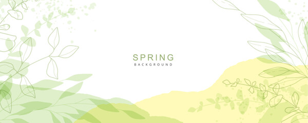 Spring green background. Minimalistic style with floral elements and texture. Editable vector template for card, banner, invitation, social media post, poster, mobile apps, web advertising