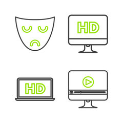Set line Online play video, Laptop screen with HD technology, Computer PC monitor and Drama theatrical mask icon. Vector