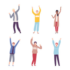 Joyful people celebrating win or goal achievement set. Male and female characters standing with their hands raised flat vector illustration