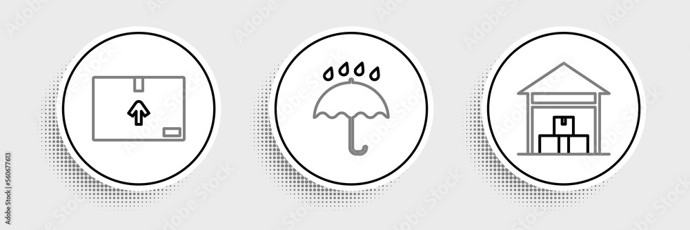 Sticker Set line Warehouse, Cardboard box with traffic symbol and Umbrella and rain drops icon. Vector