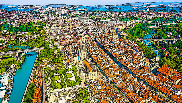 Bern, Switzerland. Bernese Cathedral. Historic city center. Bright cartoon style illustration. Aerial view