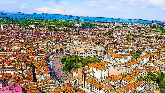 Verona, Italy. Flying over the historic city center. Arena di Verona. Roofs of houses. Bright cartoon style illustration. Aerial view