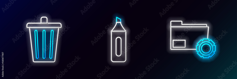Aufkleber set line folder settings with gears, trash can and marker pen icon. glowing neon. vector