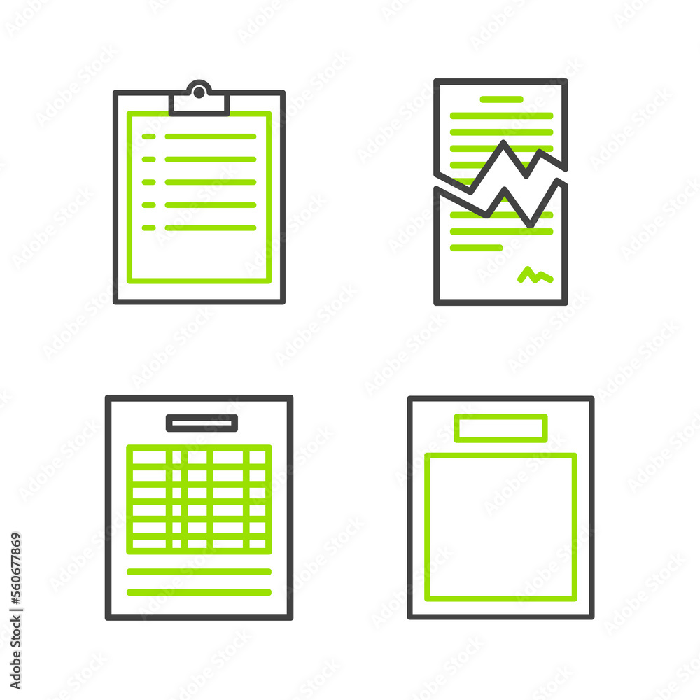 Poster set line empty form, report file document, torn contract and clipboard with checklist icon. vector