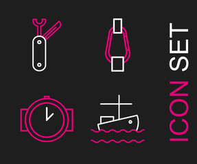 Set line Fishing boat on water, Diving watch, Carabiner and Swiss army knife icon. Vector