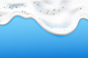 Bath foam isolated on blue background. Shampoo bubbles texture.Sparkling shampoo and bath lather vector illustration.