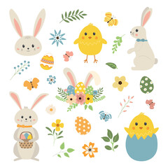 Cartoon Easter bunnies, chickens, and flowers set. Cute spring Easter bunny decoration clipart set. Flat vector cartoon design. Isolated on white background.