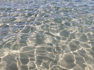 Crystal clear blue water of the Mediterranean Sea on the beach of Fig Tree Bay, white sand is visible at the bottom. Water background.
