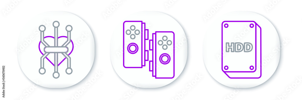 Poster set line hard disk drive hdd, processor and gamepad icon. vector