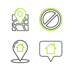 Set line Map pointer with house, Stop sign and Folded map location marker icon. Vector
