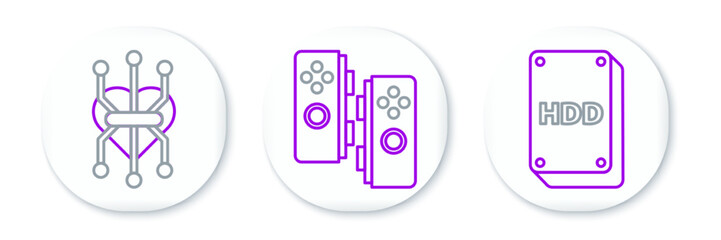 Set line Hard disk drive HDD, Processor and Gamepad icon. Vector