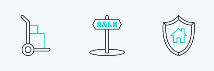 Set line House with shield, Hand truck and boxes and Hanging sign text Sale icon. Vector