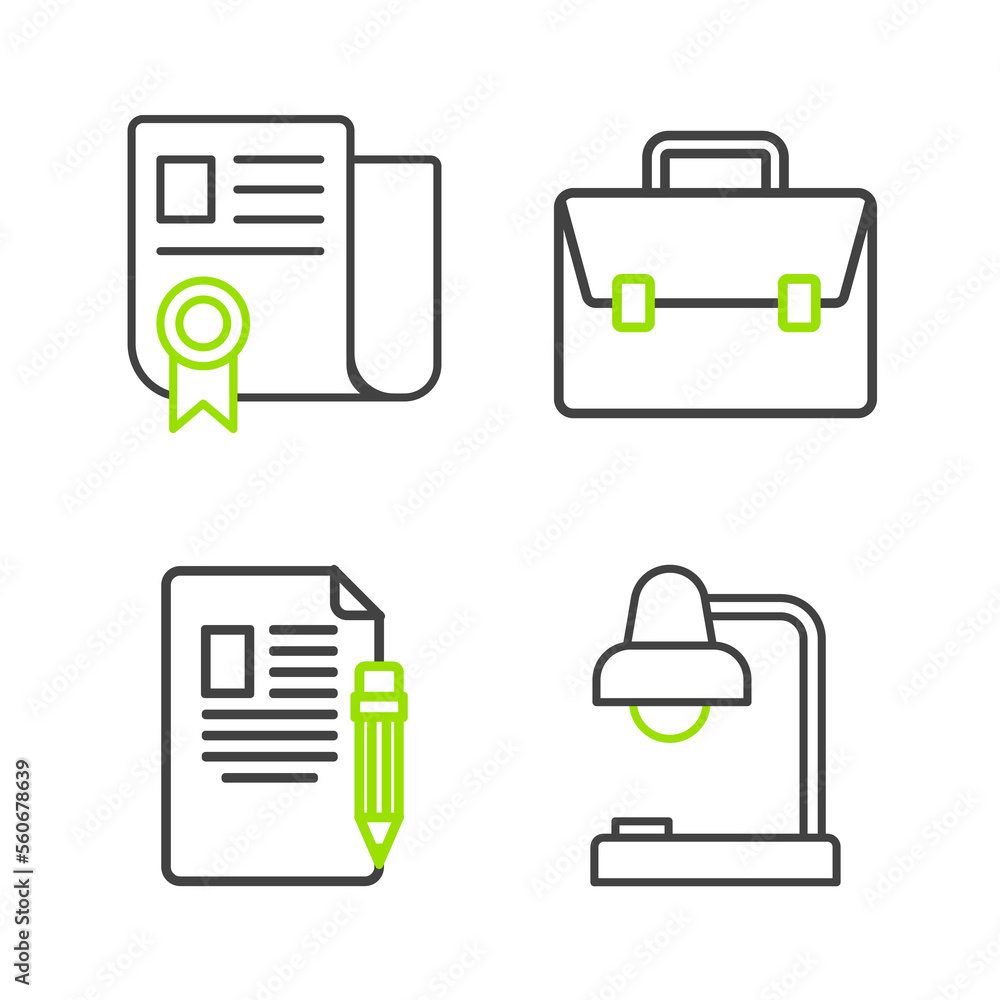 Poster set line table lamp, exam sheet and pencil with eraser, briefcase and certificate template icon. vec