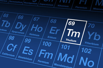 Thulium on periodic table. Rare earth metal in the lanthanide series with atomic number 69 and element symbol Tm, named after Thule, an Ancient Greek place. Radiation source in portable X-ray devices.