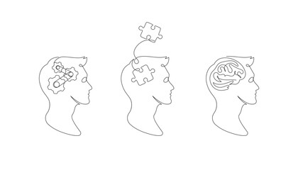 Mental health problem, psychology and business education concept. Vector one line art illustration. Human head profile with jigsaw puzzle, cog and brain by continous line isolated on white background.