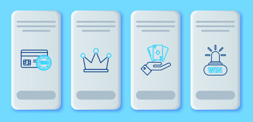 Set line Crown, Hand holding deck of playing cards, Credit and Casino win icon. Vector