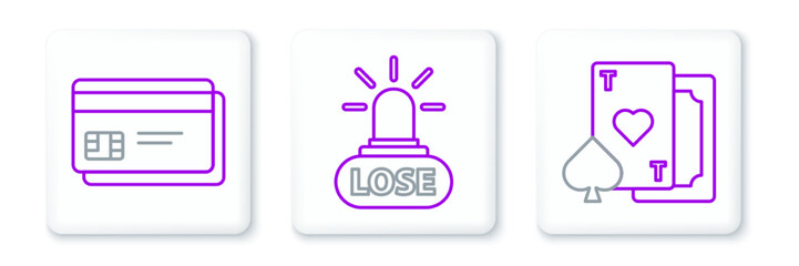 Set line Playing card with heart, Credit and Casino losing icon. Vector