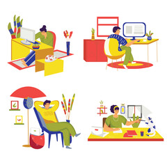 Freelance set concept with people scene in the flat cartoon design. Man and woman work at home on a cozy atmosphere. Vector illustration.