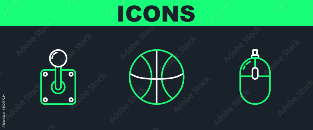 Poster set line computer mouse, joystick for arcade machine and basketball ball icon. vector