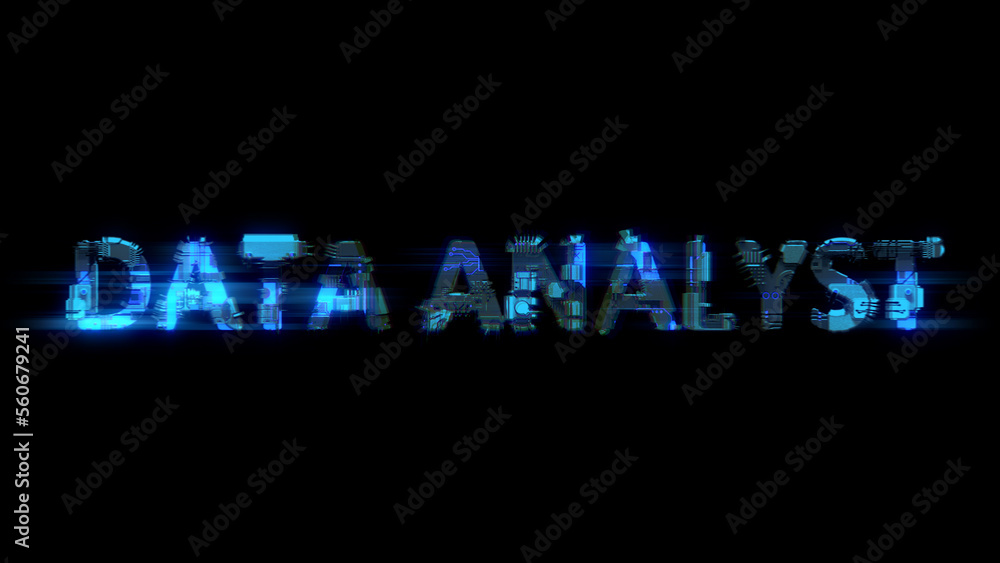 Poster defocused glitch electrical light cybernetical blue text data analyst, isolated - object 3d renderin
