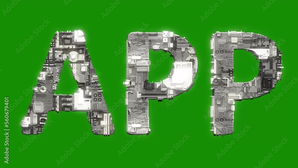 Poster silver grey cybernetic text app with animation on chroma key screen, isolated - loop video