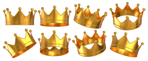 Golden crowns in different positions. Crowns for queen or king. 3D rendered image set. © Vitaly
