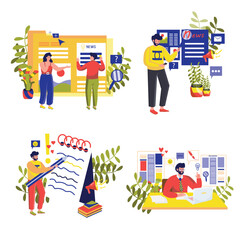 Obraz premium Set concept Journalism with people scene in the flat cartoon style. Journalists work on the writing new science article. Vector illustration.