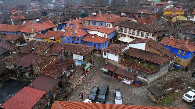 Cumalikizik Village in Bursa, Turkey. 700 years old Ottoman village. Drone shot.