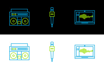 Set line Sound or audio recorder on laptop, Home stereo with two speakers and Microphone icon. Vector