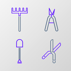 Set line Gardening handmade scissors, Shovel, and rake icon. Vector