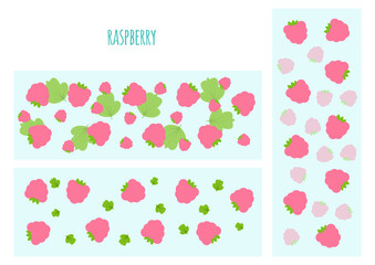 Pattern of pink simple raspberries with green leaves on a blue background