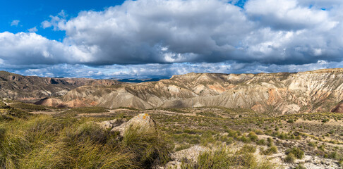view of the Gorafe desert and red clay canyons in southern Spain