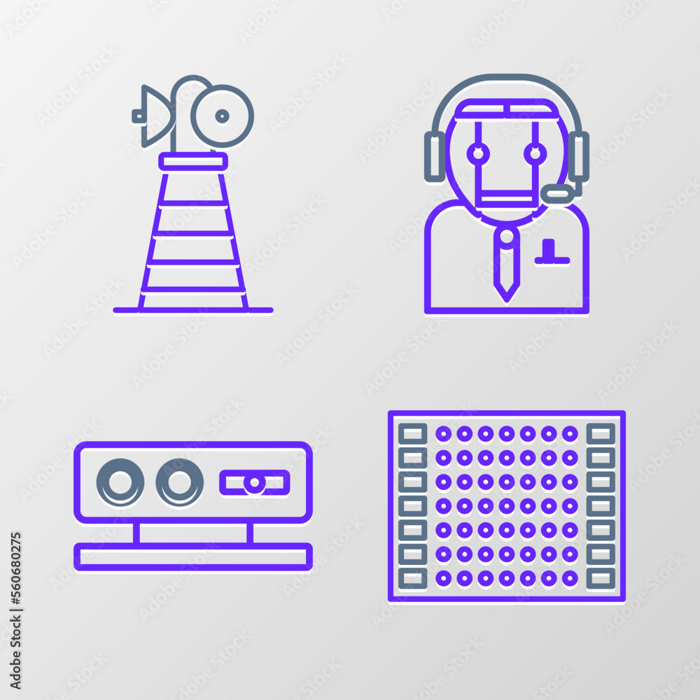 Poster set line printed circuit board pcb, 3d scanning system, worker robot and antenna icon. vector