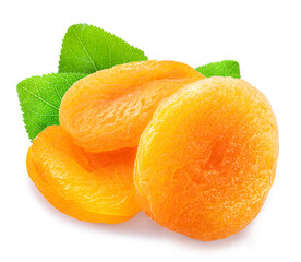 Delicious dried apricots and green apricot leaves. File contains clipping path.