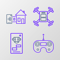 Fototapeta na wymiar Set line Remote control, Bot, Drone flying with action camera and Smart home icon. Vector