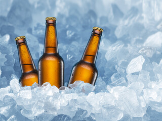 Cold bottles of beer in ice cubes. Food and drink background.