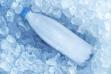 Cold bottle of water over ice cubes. Food and drink background.