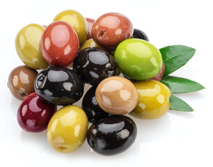 Kalamata, green and black olives isolated on white background.