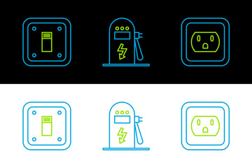Set line Electrical outlet in the USA, light switch and car charging station icon. Vector
