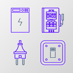 Set line Electric light switch, plug, Electrical panel and Power bank icon. Vector
