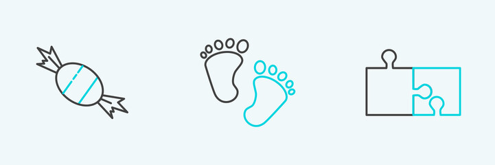 Fototapeta na wymiar Set line Piece of puzzle, Candy and Baby footprints icon. Vector