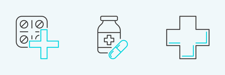 Set line Cross hospital medical, Pills in blister pack and Medicine bottle and pills icon. Vector