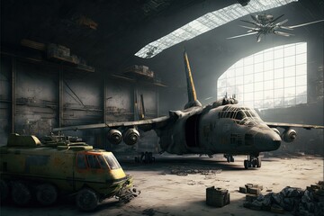 Fototapeta Hangar facility illustration. warehouse hangar adn fighter jet, military facility, storage unit. obraz