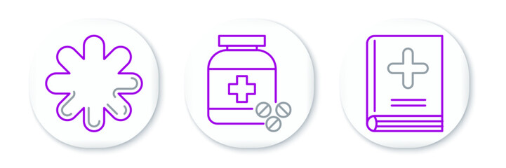 Set line Medical book, Cross hospital medical and Medicine bottle and pills icon. Vector