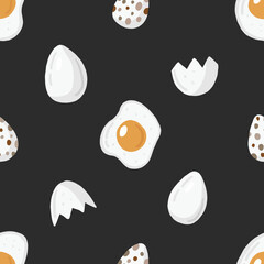Fried eggs seamless pattern on black background. Cartoon vector illustration. White and yolk cracked shell decoration. View from above. Food fashion minimalistic concept. Menu, farmers market...