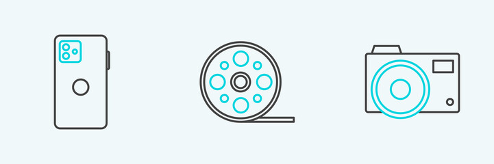 Set line Photo camera, Smartphone, mobile phone and Film reel icon. Vector