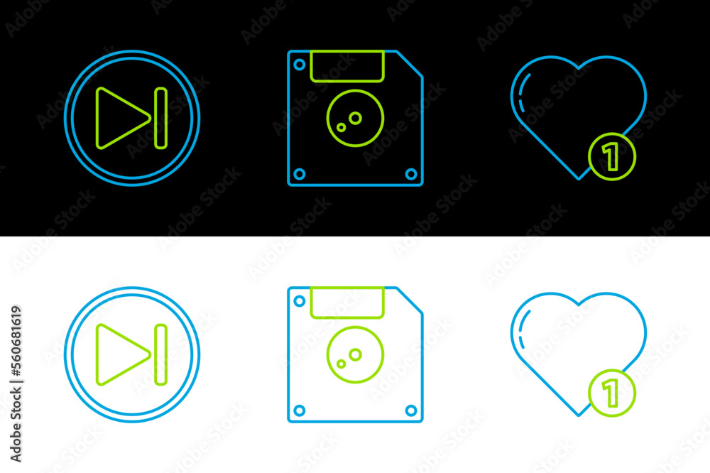 Poster set line like and heart, fast forward and floppy disk computer data storage icon. vector