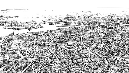 Gothenburg, Sweden. Panorama of the city and the river Goeta Elv. The historical center of the city. Doodle sketch style. Aerial view